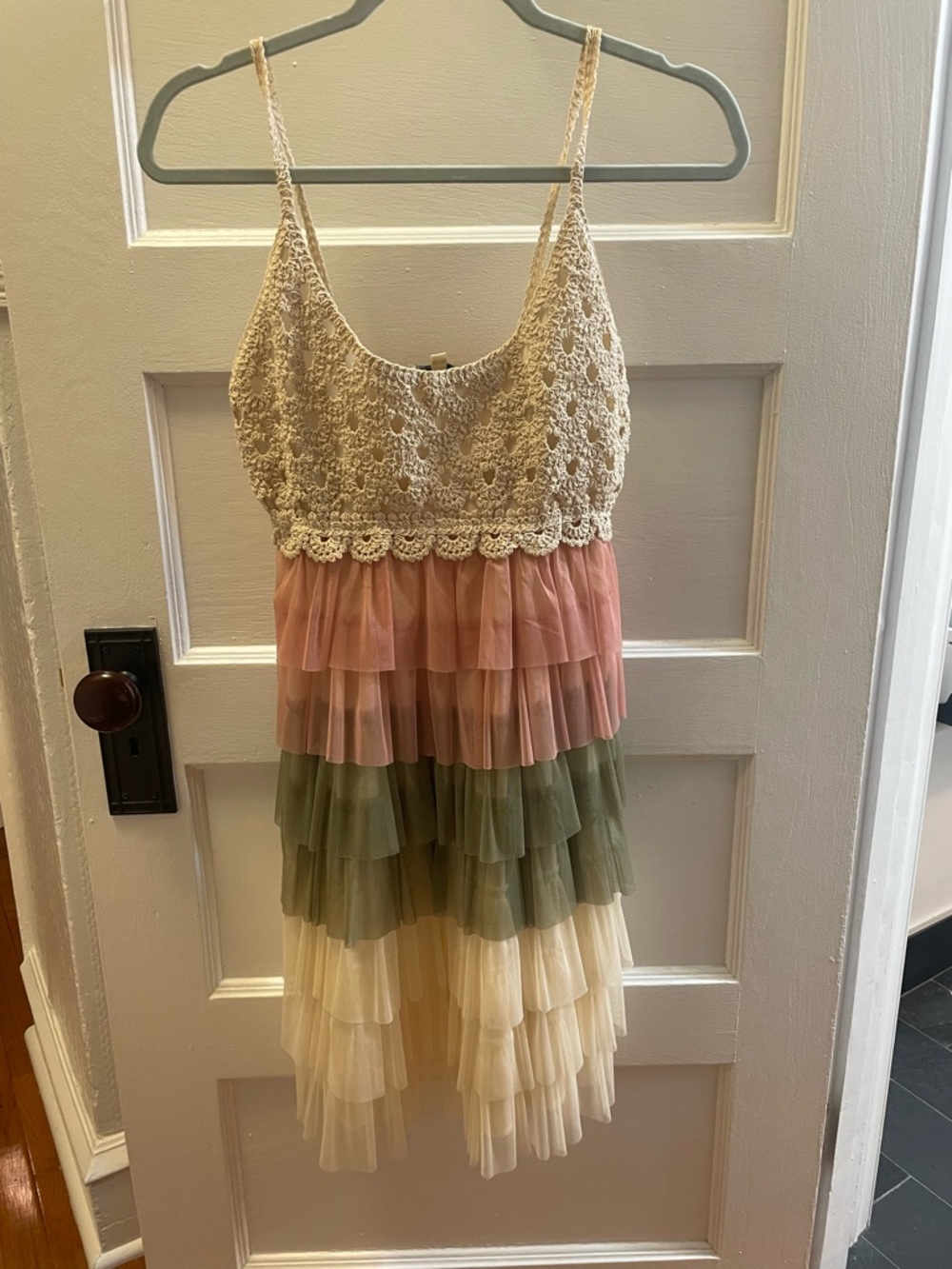 Source Unknown Cream Crochet Top Tiered Pink Green Cream Ruffle Dress